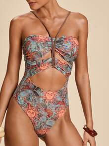 SHEIN TRVLCHIC Women's All-Over Print Halter One-Piece Swimsuit, Suitable For Beach Vacation, Pool Party, Beach Party - Multicolor - View 3