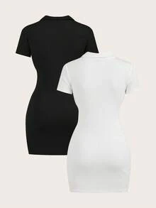 SHEIN BASICS 2件裝女款休閒素色針織領半拉鍊迷你洋裝，拉鍊細節設計，黑白配色，一件式螺紋短袖夏季日常洋裝 - 彩色 - 查看 3