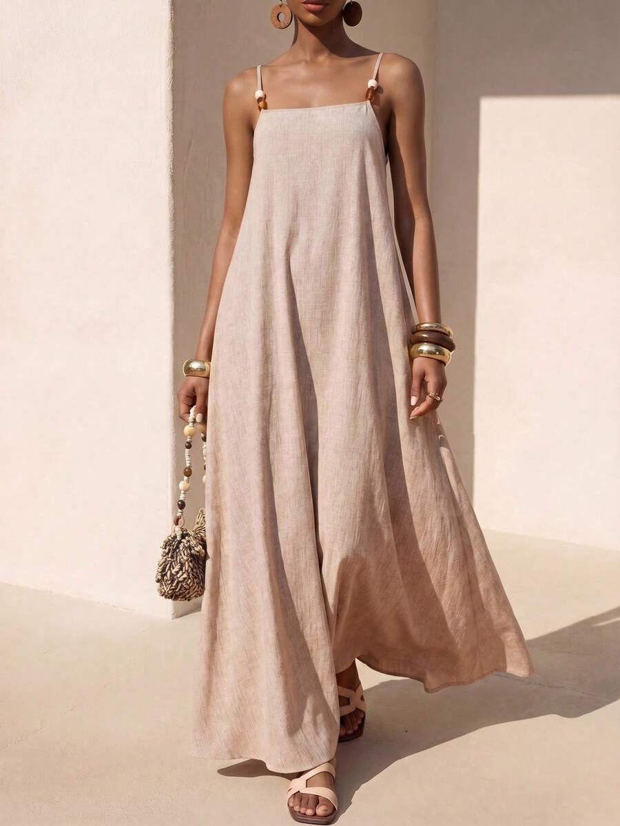 Zivah Women Light Beige Summer Tropical Vacation Holiday Boho Linen Beaded Camisole Loose Long Dress,Casual Western Vibe Beach Party Festival Maxi Dress