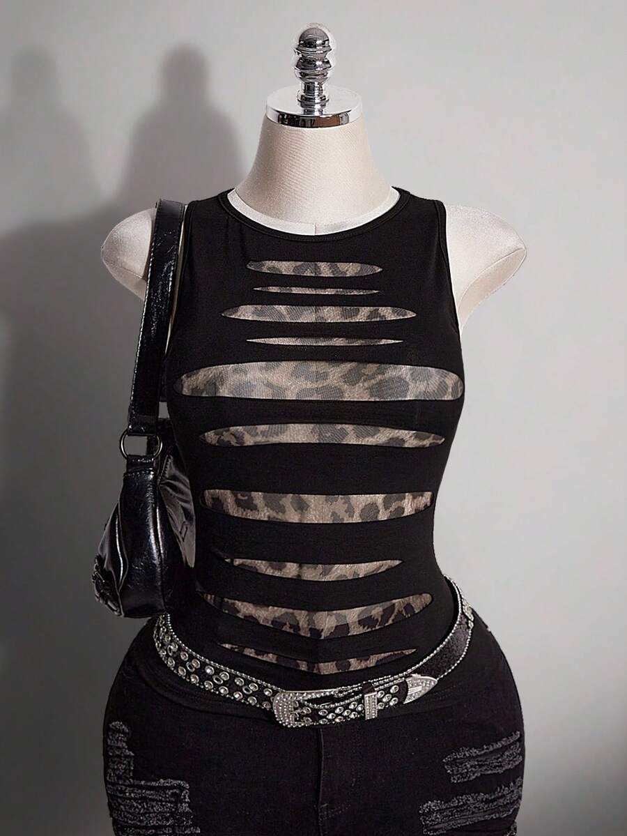 SHEIN ICON Plus Size Y2K Sheer Distressed Sexy Camisole Top - Multicolor - View 1