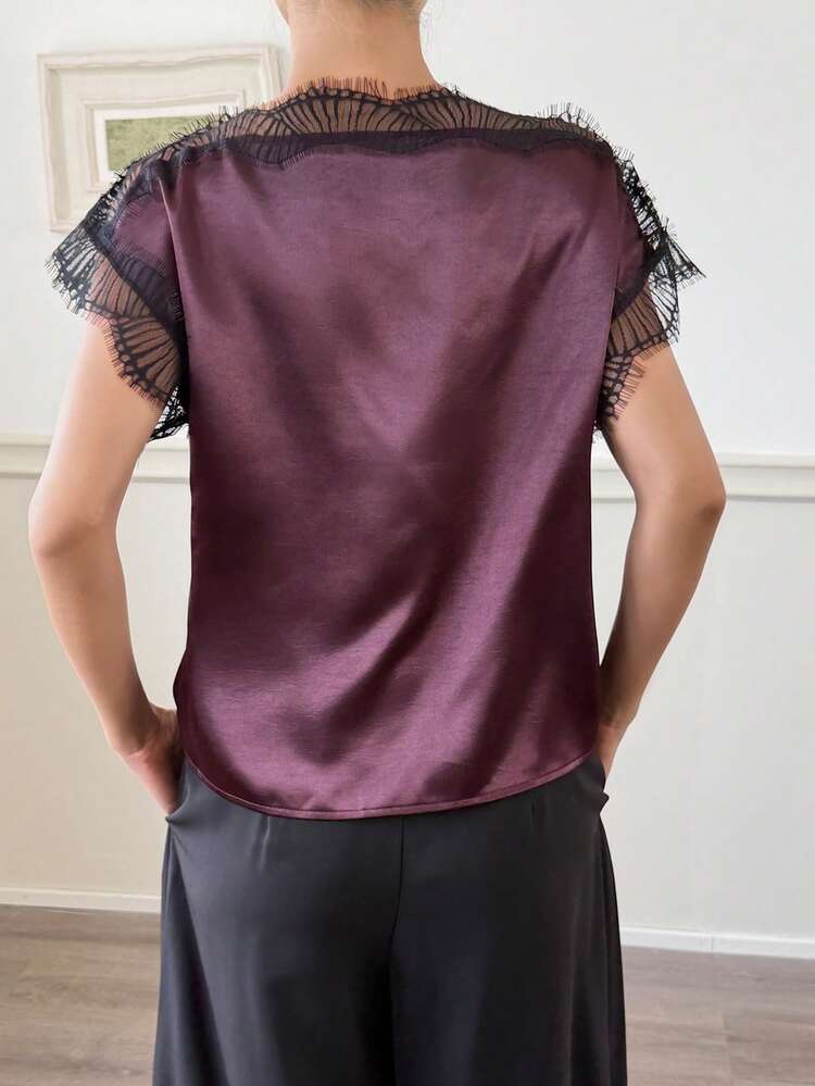 Women's Lace Patchwork Sleeveless Satin Blouse