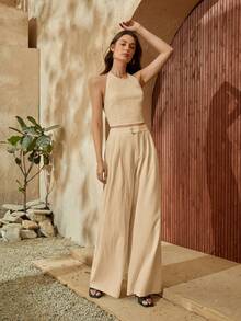 Travachic Bộ đồ nữ trơn màu gồm áo tank top cổ yếm và quần ống rộng, kiểu dáng thường ngày. - Màu Khaki - Xem 6