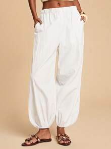 Travachic Pantalones casuales de mujer de unicolor, de ajuste holgado, con cordón y bolsillos laterales - Blanco - Ver 6