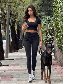 SHEIN Unity Women's Casual Girlisim Versatile Solid Color Waist Curtain Slim Fit Pants Golf Pastal Autumn - Black - View 3