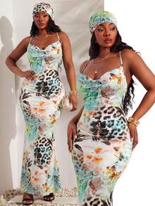 Radiana Robe fourreau imprimé floral avec foulard assorti (grande taille), Robe maxi imprimé léopard, Robe maxi imprimée all-over, Robe longue pour rendez-vous, Robe de vacances, Robe sexy, convient pour la nuit, les rendez-vous, les fêtes, les bals, les clubs, les cocktails, les soirées, les banquets, les concerts, les stations balnéaires, la plage, les vacances - Multicolore - Voir 2