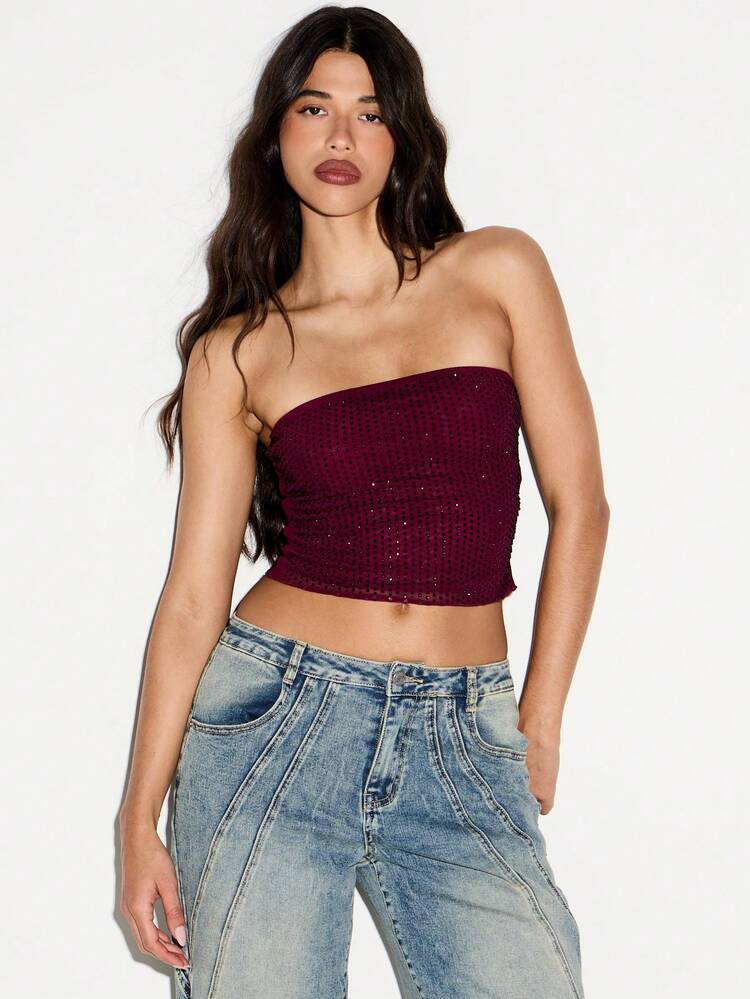 KIZN Women Burgundy Sequin Hotfix Mesh Strapless Tube Top Sparkly Party Club Evening Wear Fitted Bandeau