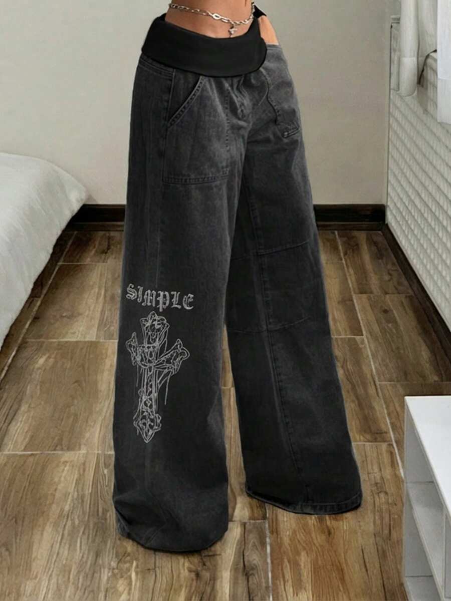 Jeans de pierna ancha con estampado de cruz lavado para mujer - Negro - Ver 1