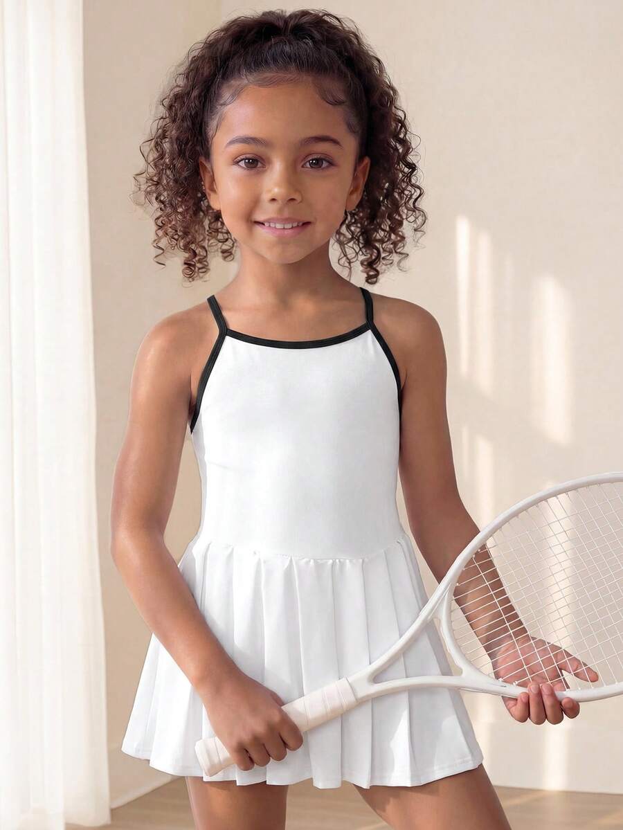SHEIN Young Girls' White Active Dress – Contrast Color Strap Design, High-Stretch Soft Soft Fabric For Cycling, Jogging, Tennis Practice & Versatile, Fall - White - View 1
