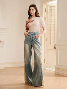 Quần jeans ống loe nữ sang trọng, thêu ren tương phản, phong cách nghỉ dưỡng. - Màu xanh lam - Xem 6