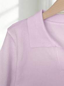 Franclia Women's Spring/Summer White Simple Casual Turndown Collar Raglan Short Sleeve Solid Color Fitted Knit Top, Plus Size - Purple - View 4