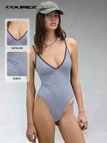 COUREZ Áo tắm hở chân cổ chữ V, phong cách mùa hè Y2K cổ điển - Màu xanh nhạt - Xem 3