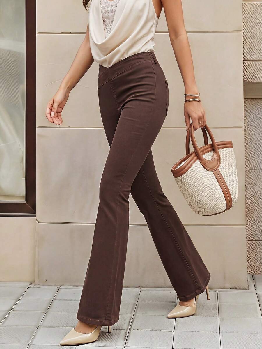Selenza Women's Pleated Slim Fit Versatile Pocket Flare Leg Jeans, Fashionable - Coffee Brown - View 1