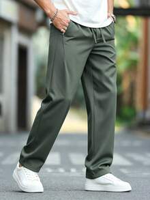 Manfinity Homme Men's Casual Solid Color Drawstring Waist Slant Pocket Pants - Dark Green - View 4