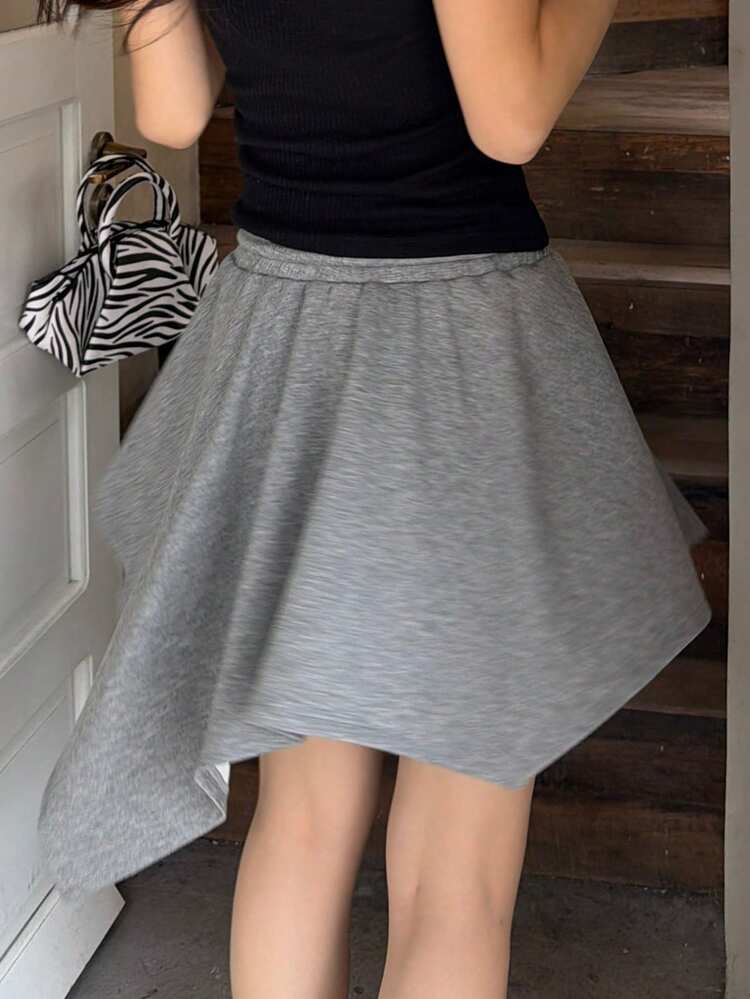 Women's Solid Color Elastic Waist Asymmetrical Hem Casual Sports Skirt, Summer