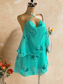 Soleia Women's Floral Sequin Fashion Cross-Neck Mini Dress - Teal Blue - View 7