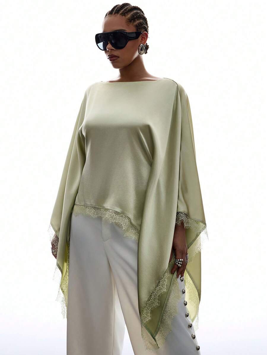 SHEIN EZwear 大尺碼女款純色蝙蝠袖蕾絲下擺優雅上衣,適合新媽媽 - 綠色 - 查看 1