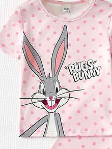 LOONEY TUNES X SHEIN GraphicGems 少女波点卡通印花紧身弹力面料圆领舒适短袖上衣和短裤两件套紧身睡衣套装 - 粉色 - 查看 5