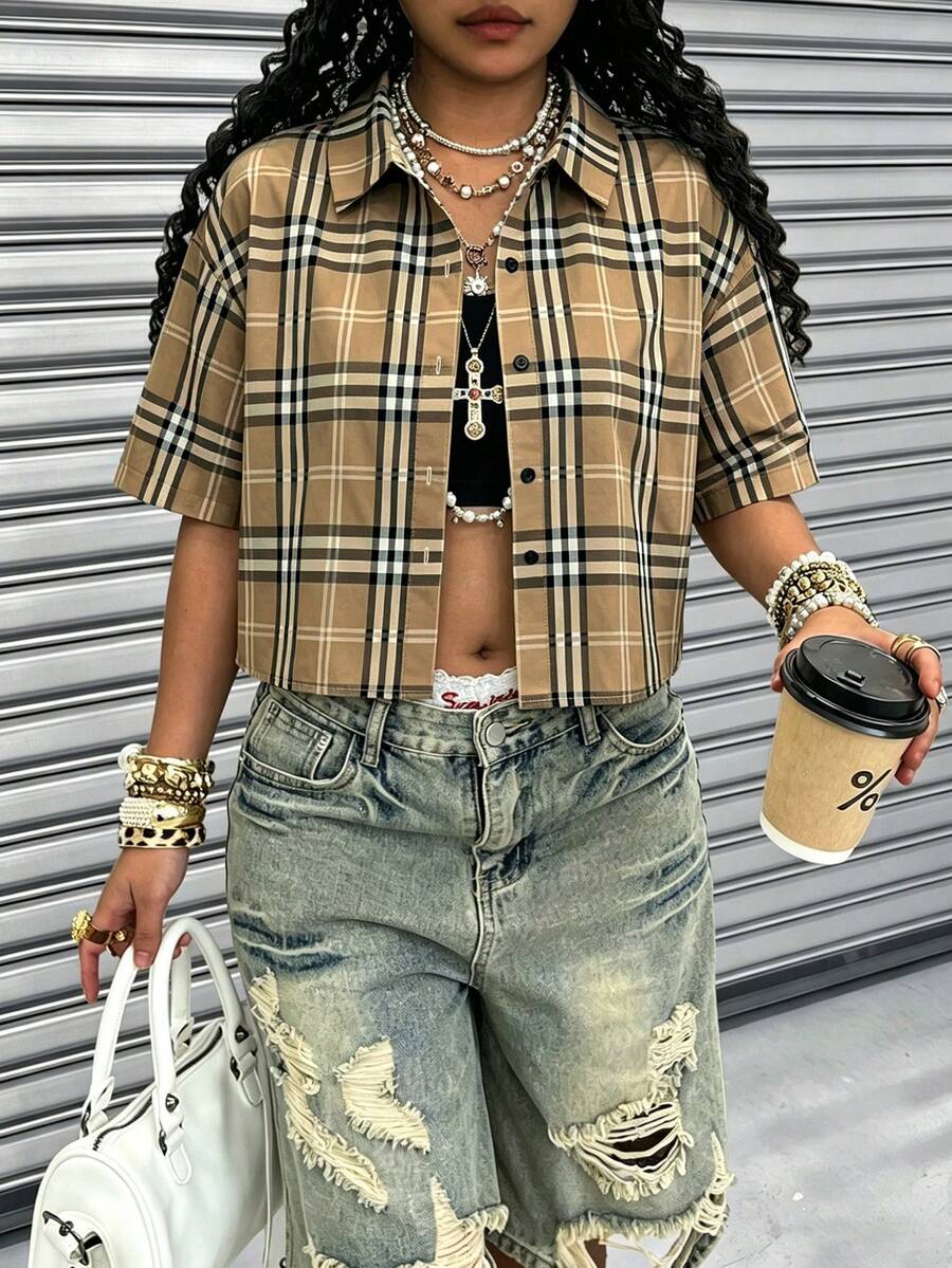 Rovax Short Shirt Collar Drop Shoulder Short Sleeve Top - Multicolor - View 1