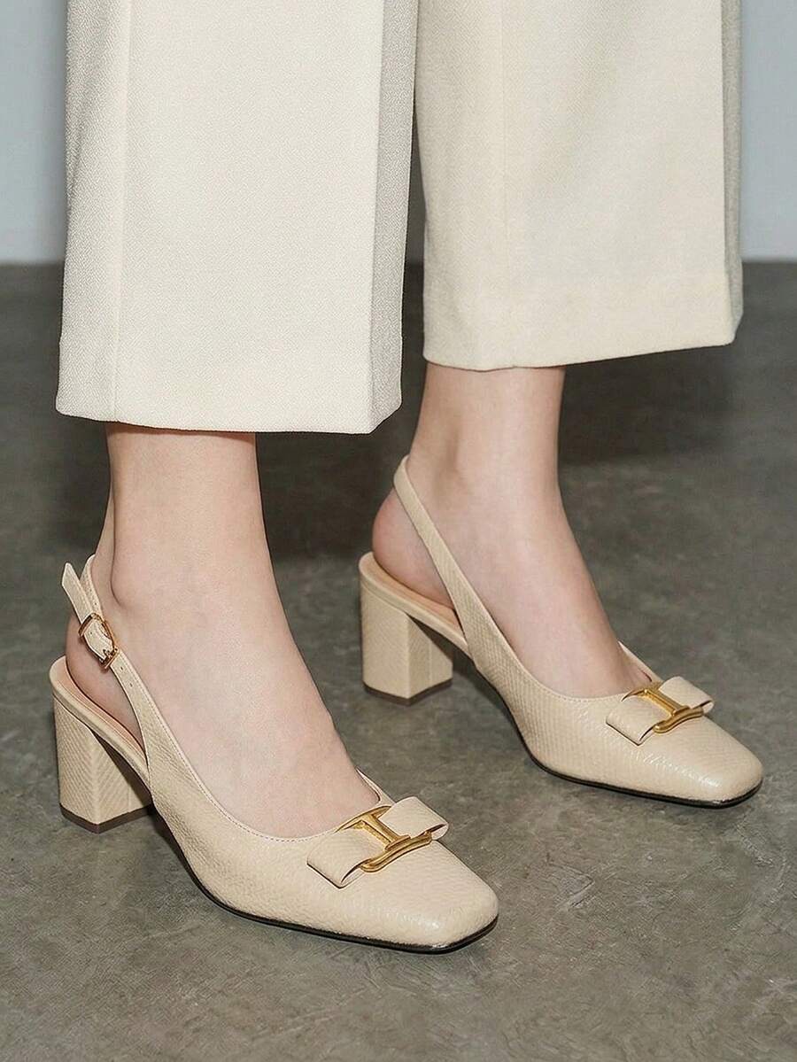 Bholvia Gentle Apricot Embossed Square Toe Backless Sandals, Metal Buckle 7cm Chunky Heel Pumps, Commuting Elegant High Heels Suitable For Commuting, Workplace, Dating, Daily Wear, Light Social Occasions - Apricot - View 1