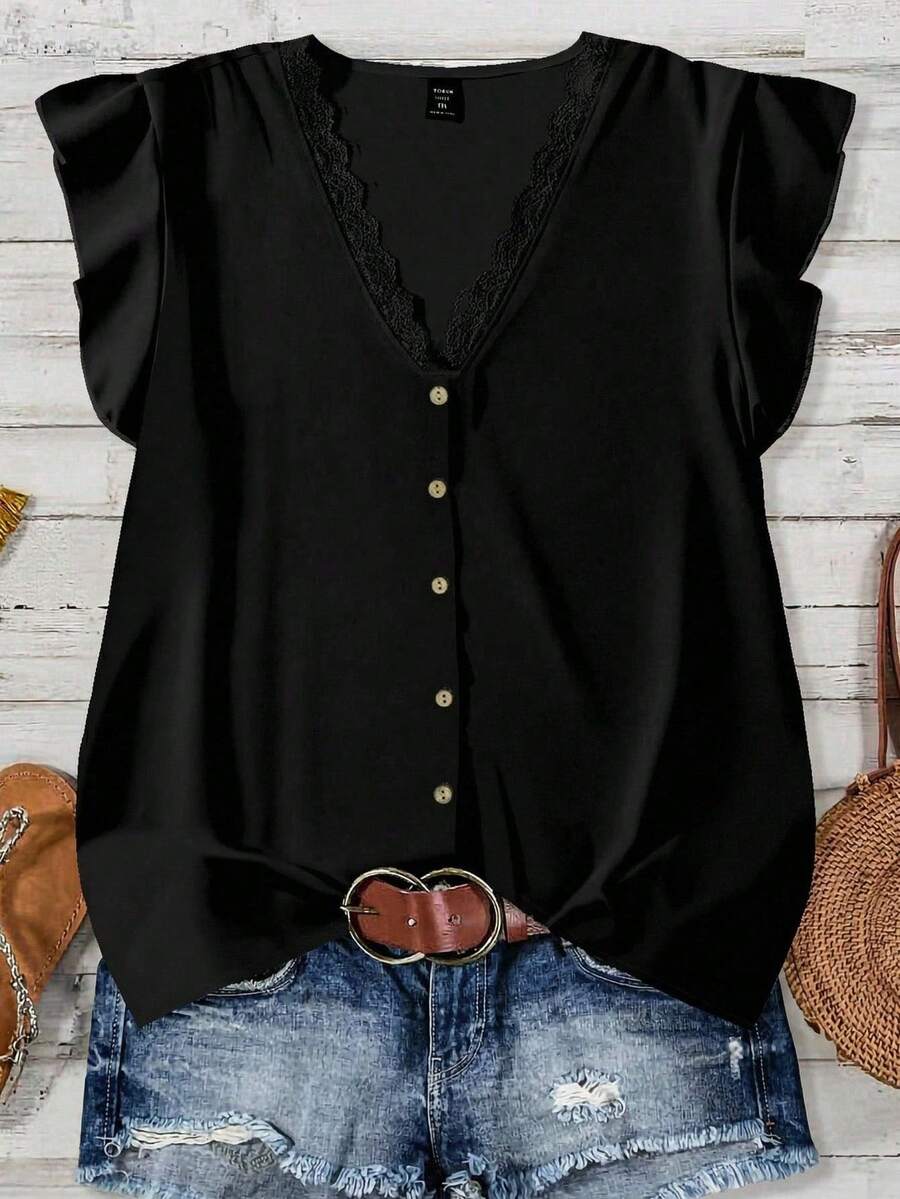 Mellowie Casual Minimalist Romantic Lace Trim Plus Size Women V-Neck Ruffle Hem Short Sleeve Black Blouse, Suitable For Summer, Vacation - Black - View 1