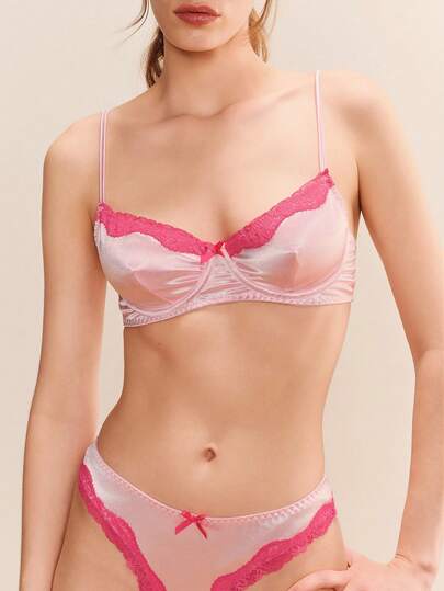 lacRébo Pale Pink Satin Lingerie Set With Contrasting Magenta Lace Trim And Matching Thong Sexy Chic French Matching Bra And Panty Set
