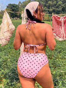 SHEIN Slayr CURVE Bộ bikini dây buộc cổ chấm bi mới mùa xuân 2026, quần bơi tam giác cạp cao dành cho nữ. - Hồng - Xem 2