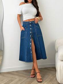 SHEIN High Waist Regular Fit Casual Style Button Front Medium Blue Wash Long Denim Skirt - Medium Wash - View 5