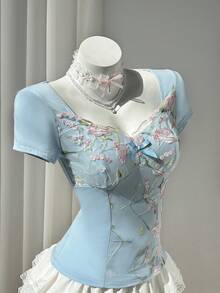 Elamini 黄色撞色荷叶边拼接心形领口收腰短袖女式连衣裙，春夏款，优雅浪漫复古可爱休闲百搭 - 藍色 - 查看 4