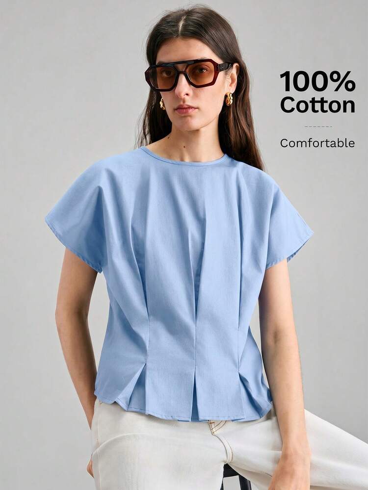 2026 Spring/Summer New Women's Gathered Ruffle Cap Sleeve Round Neck Cap Sleeve Top, Urban Commute Business Casual Blouse, Elegant Outfit For Dates, Weddings, Vacations, Holidays, Office Wear All-Season Versatile Modern Urban Fashion Business Casual Women's Wear Office Attire Understated Old-Money Style, Elegant And Sophisticated, High-Quality Commuter And Airport Clothes Boho,Summer Top