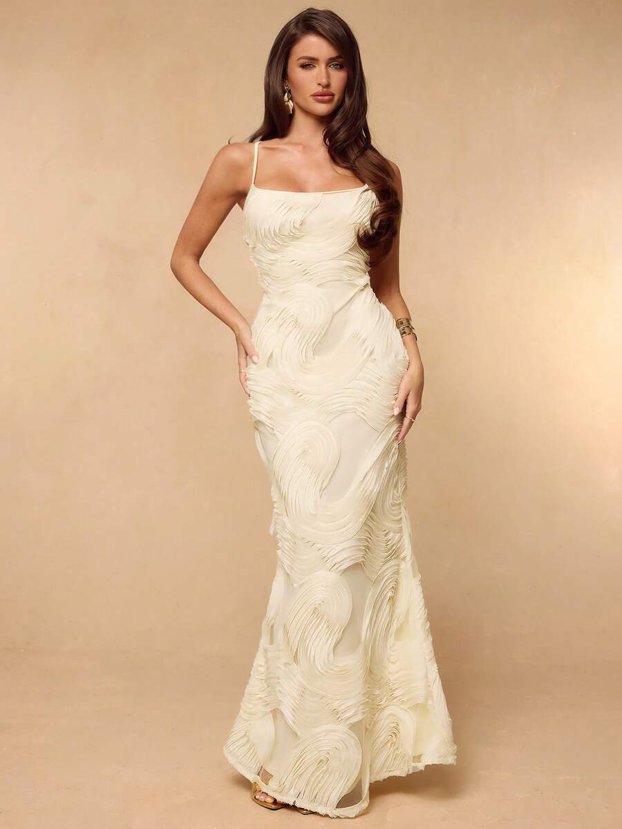 SHEIN BAE Đầm ôm dáng màu mơ, hở lưng, buộc dây, có họa tiết, thanh lịch, thích hợp cho bữa trưa, dự đám cưới, tiệc cocktail, hoặc đi nghỉ mát ở bãi biển. - Màu be - Xem 1