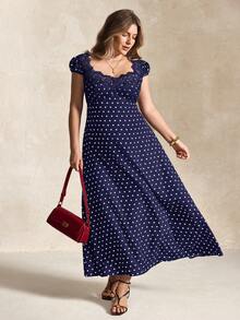 Elegantrix Plus Size Women's Spring/Summer Floral Contrast Polka Dot Print Casual Office Dress - Blue - View 4