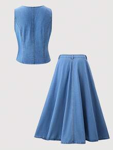 GlowEve Set Denim Kasual Wanita Model Rompi dan Rok Berkerah V Kancing Tunggal - Biru - View 2