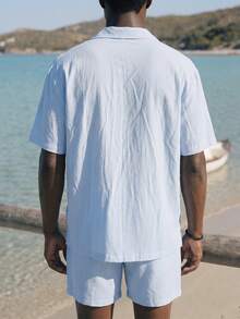 Surfspeed Men's Solid Color Lapel NeckShort Sleeve Shirt And Shorts Beach Outfit - Baby Blue - View 2