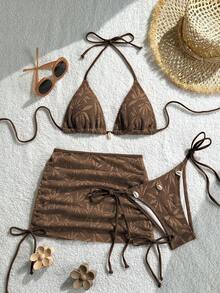 SHEIN Swim Mod Swimsuits For Woman Shell Decor Halter Bra & Swim Bottom & Cover Up Skirt Bikini Set, Summer Beach Bathing Suit - Coffee Brown - View 1