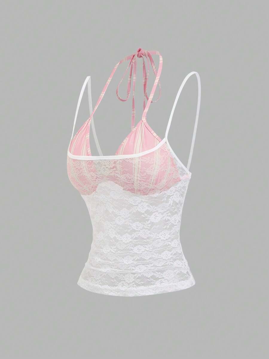 Sweetra Áo camisole không tay dáng ôm, thiết kế mới, kẻ sọc cổ điển, kiểu dáng bất đối xứng, 2 trong 1 dành cho nữ, thích hợp cho mùa xuân/hè. - trắng - Xem 1