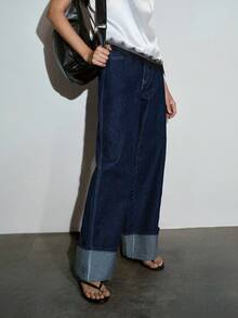 MOTF PREMIUM Quần jeans ống rộng cạp cao, đường may tương phản, gấu quần xắn lên, phong cách thành thị năng động cho mùa xuân/hè. - Rửa tối - Xem 5
