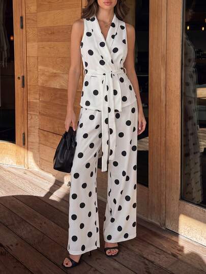 EURMUSE Conjunto de dos piezas de mujer con lunares en blanco y negro - Top sin mangas con frente cruzado y pantalones anchos de cintura alta, coordinado, tela ligera y arrugada estampada, atuendo de verano elegante, ajuste cómodo y relajado