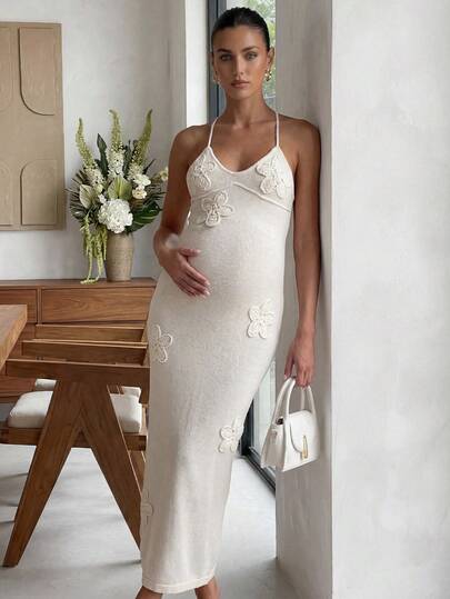MaterniChic Pregnant Women's Elegant Floral Decor Sleeveless Knit Dress