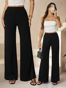 SHEIN Tall Women's Geometric Lace Splice Wide Knitted Stretch Black Leg Pants - Black - View 1