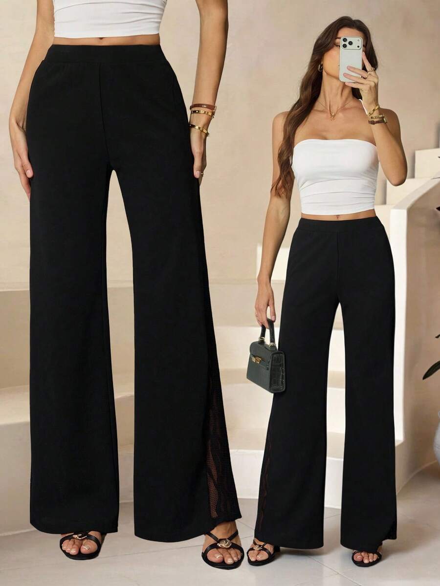 SHEIN Tall Women's Geometric Lace Splice Wide Knitted Stretch Black Leg Pants - Black - View 1