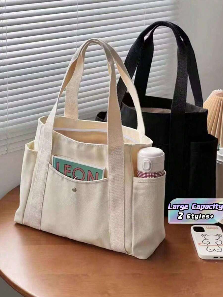 1PC Large Capacity Canvas Tote Bag With Multiple Pockets Handle Reusable Multi Compartment Organizer For Women Students Teenagers Daily Travel Beach School Work Back To School Shopping Essential