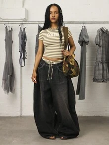 COUREZ Low Rise Baggy Balloon Fit Jeans  /Y2K Spring Clothes For Women Spring Outfits For Women Going Out Outfits Cotton Baggy Jeans Y2K Jeans Streetwear Going Out Outfits Summer Outfits For Women Summer Bottoms Festival Outfits Concert Outfits Spring Outfits For Women - Dark Grey - View 3