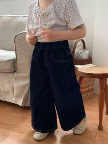 Dazy Kids Quần jean ống rộng kiểu Hàn Quốc, thắt eo, họa tiết trái tim, dành cho bé gái. - Màu xanh lam - Xem 5
