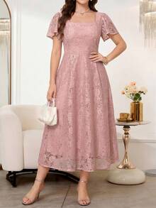 Amorya Abito elegante da donna rosa polveroso in pizzo con colletto quadrato e maniche a volant, lunghezza media, per matrimonio estivo, invitata Ninang, festa nuziale, cerimonia di laurea - Rosa antico - Visualizzare 3