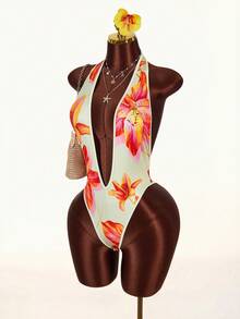 Women's Sexy Floral Print Deep V-Neck Halter Backless Bodysuit, Summer Vacation - Yellow - View 4