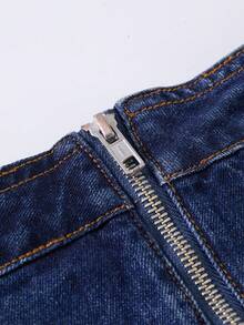GlowEve Chân váy denim ngắn nữ họa tiết hoa, cúc kim loại, đa năng - Màu xanh lam - Xem 5