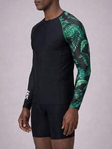 Manfinity KASUA Men's Leaf Printed Rash Guard With Raglan Sleeves, Ideal For Swimming And Surfing Athletic Workout Shirt,Hawaiian - Multicolor - View 4
