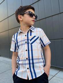 SHEIN Tween Boy Plaid Print Button-Front Casual Short Sleeve Shirt - Multicolor - View 7