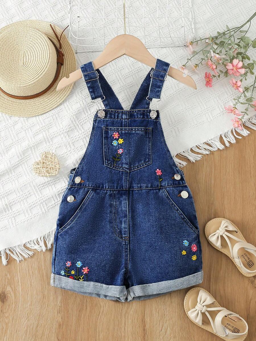 SHEIN Vintaside Kids 女童休闲甜美花卉刺绣牛仔背带短裤