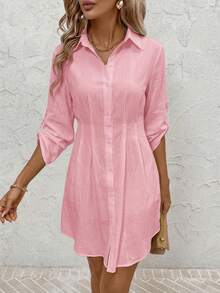 SHEIN Clasi Vestido camisero con estampado floral, versátil y apropiado para el uso diario en otoño/invierno para mujer - Rosa - Ver 3